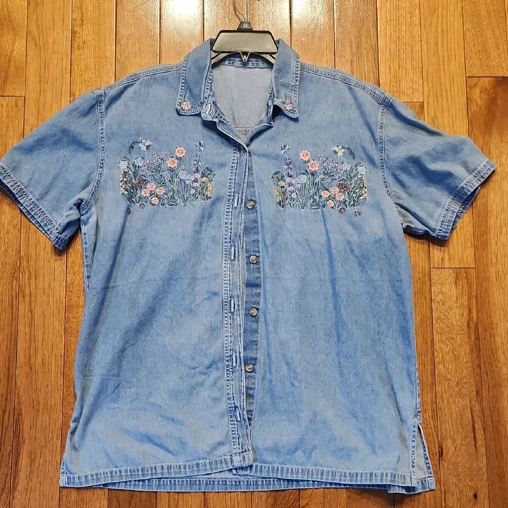 Women's Blue Denim Shirt with Floral Embroidery Size Large